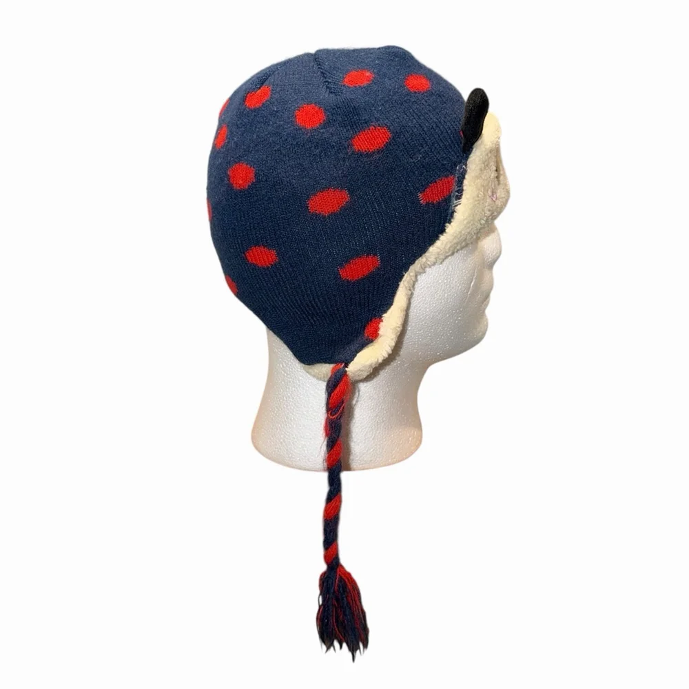 Girls Lady Bug Face Winter Knit Hat With Ear‎ Flaps Blue Red Beanie